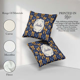 Custom Name Golden Bow and Floral Pattern on Deep Blue Seamless Square Filled Cushion Throw Pillow Sofa Bed Home Decor Zip Washable UK Made