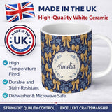 Personalized Custom Name Golden Bow and Floral Pattern on Deep Blue Background Seamless 11oz Ceramic Coffee Tea Mug White Large Handle