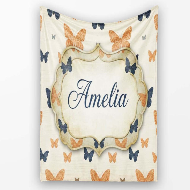 Minimal Rustic Bow Pattern in Orange Blue on Neutral Background  Personalised Custom Name Super Soft Fleece Blanket Bed Sofa Throw