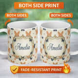 Personalized Custom Name Minimal Rustic Bow Pattern in Orange Blue on Neutral Background 11oz Ceramic Coffee Tea Mug White Large Handle