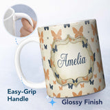 Personalized Custom Name Minimal Rustic Bow Pattern in Orange Blue on Neutral Background 11oz Ceramic Coffee Tea Mug White Large Handle