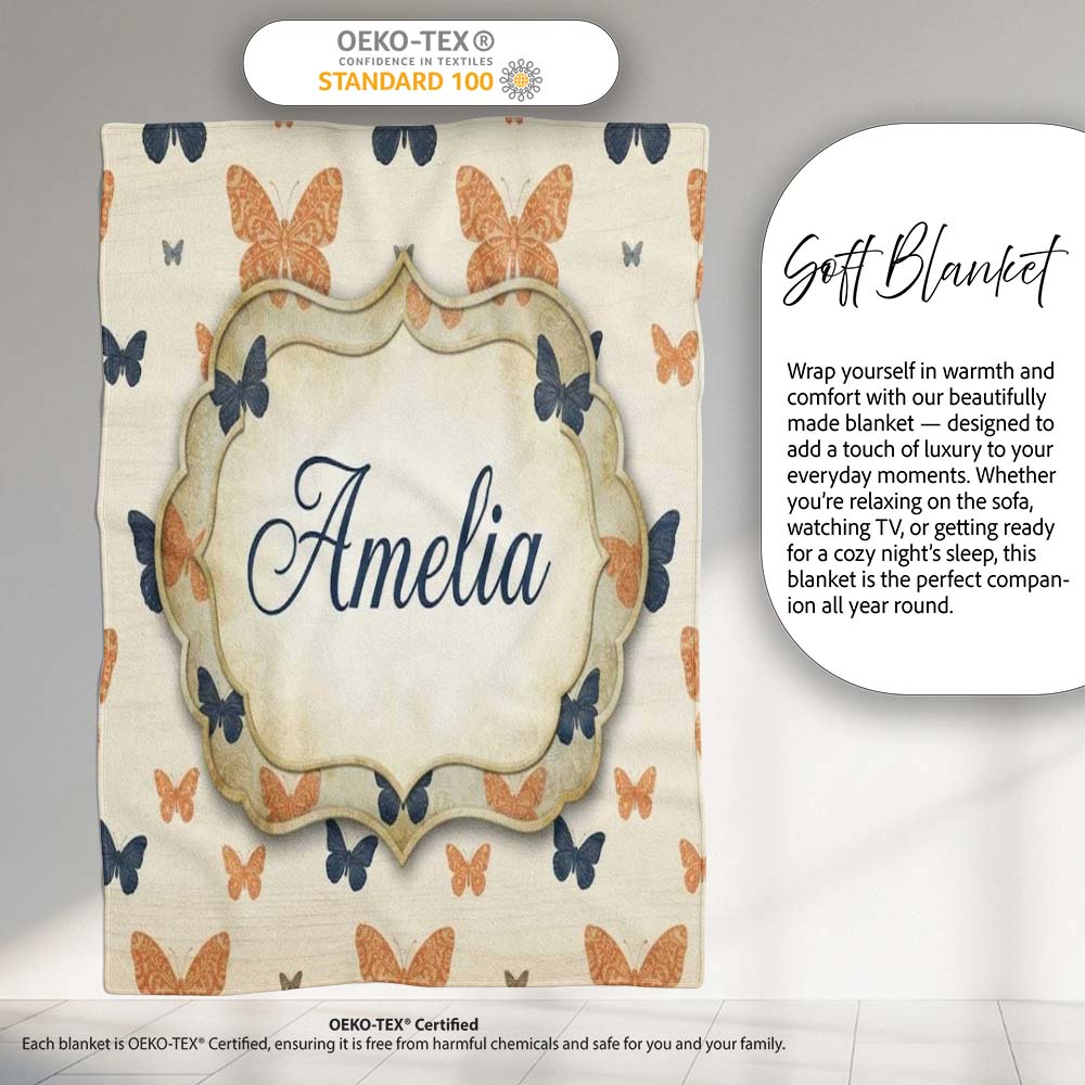 Minimal Rustic Bow Pattern in Orange Blue on Neutral Background  Personalised Custom Name Super Soft Fleece Blanket Bed Sofa Throw