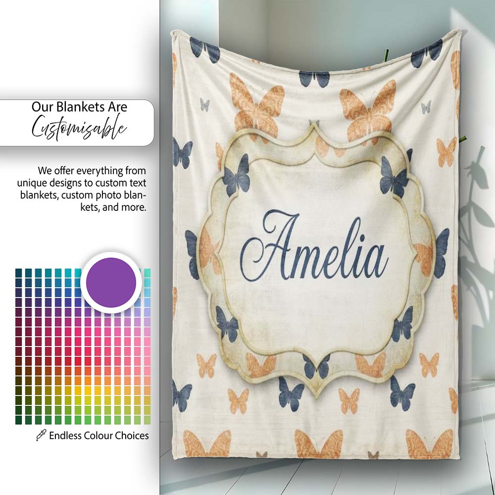 Minimal Rustic Bow Pattern in Orange Blue on Neutral Background  Personalised Custom Name Super Soft Fleece Blanket Bed Sofa Throw