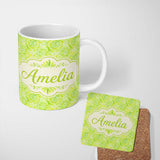 Personalized Custom Name Watercolor Citrus Slice Lime Pattern Seamless Fresh Fruit Design 11oz Ceramic Coffee Tea Mug White Large Handle