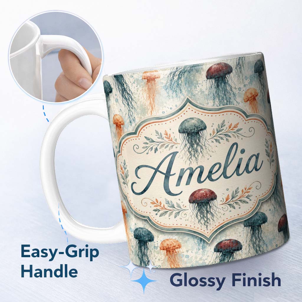 Personalized Custom Name Muted Jellyfish Marine Pattern in Soft Neutral Tones Seamless Ocean 11oz Ceramic Coffee Tea Mug White Large Handle