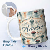 Personalized Custom Name Muted Jellyfish Marine Pattern in Soft Neutral Tones Seamless Ocean 11oz Ceramic Coffee Tea Mug White Large Handle