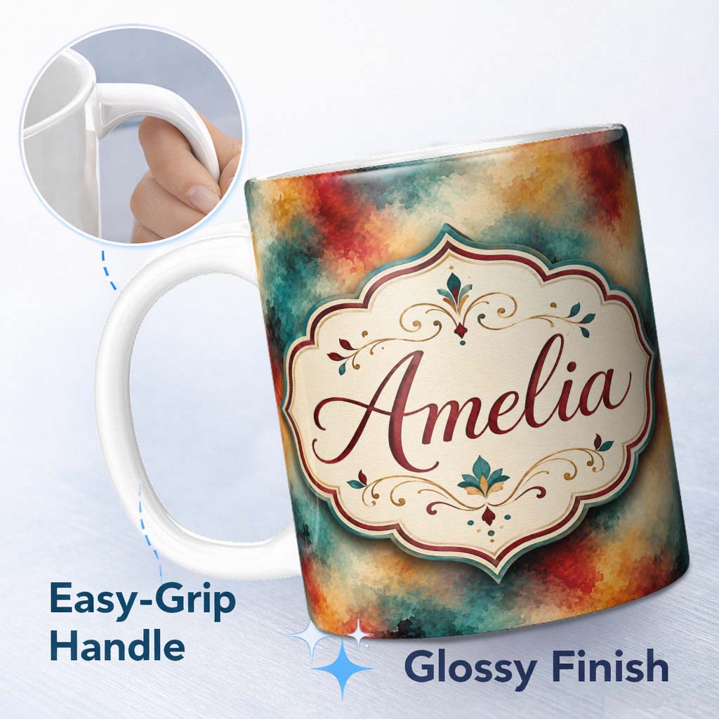 Personalized Custom Name Abstract Watercolour Burst in Teal Orange and Red Seamless Pattern 11oz Ceramic Coffee Tea Mug White Large Handle