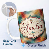 Personalized Custom Name Abstract Watercolour Burst in Teal Orange and Red Seamless Pattern 11oz Ceramic Coffee Tea Mug White Large Handle