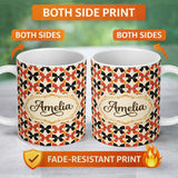 Personalized Custom Name Bold Bow Pattern in Red Black and Gold Tones Seamless Design Name 11oz Ceramic Coffee Tea Mug White Large Handle