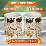 Personalized Custom Name Classic Cow Herd Farm Animal Illustration Seamless Pattern Lovely 11oz Ceramic Coffee Tea Mug White Large Handle