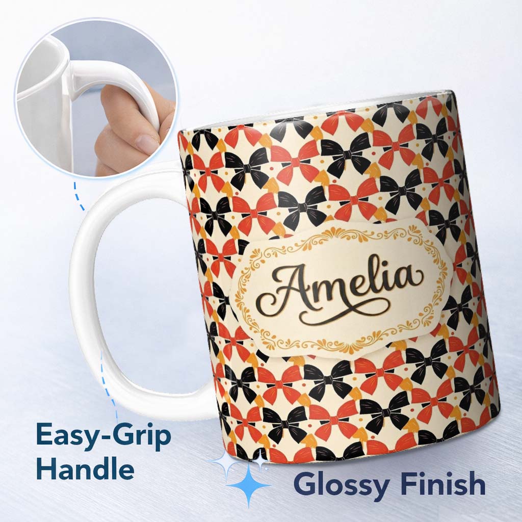 Personalized Custom Name Bold Bow Pattern in Red Black and Gold Tones Seamless Design Name 11oz Ceramic Coffee Tea Mug White Large Handle