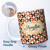 Personalized Custom Name Bold Bow Pattern in Red Black and Gold Tones Seamless Design Name 11oz Ceramic Coffee Tea Mug White Large Handle