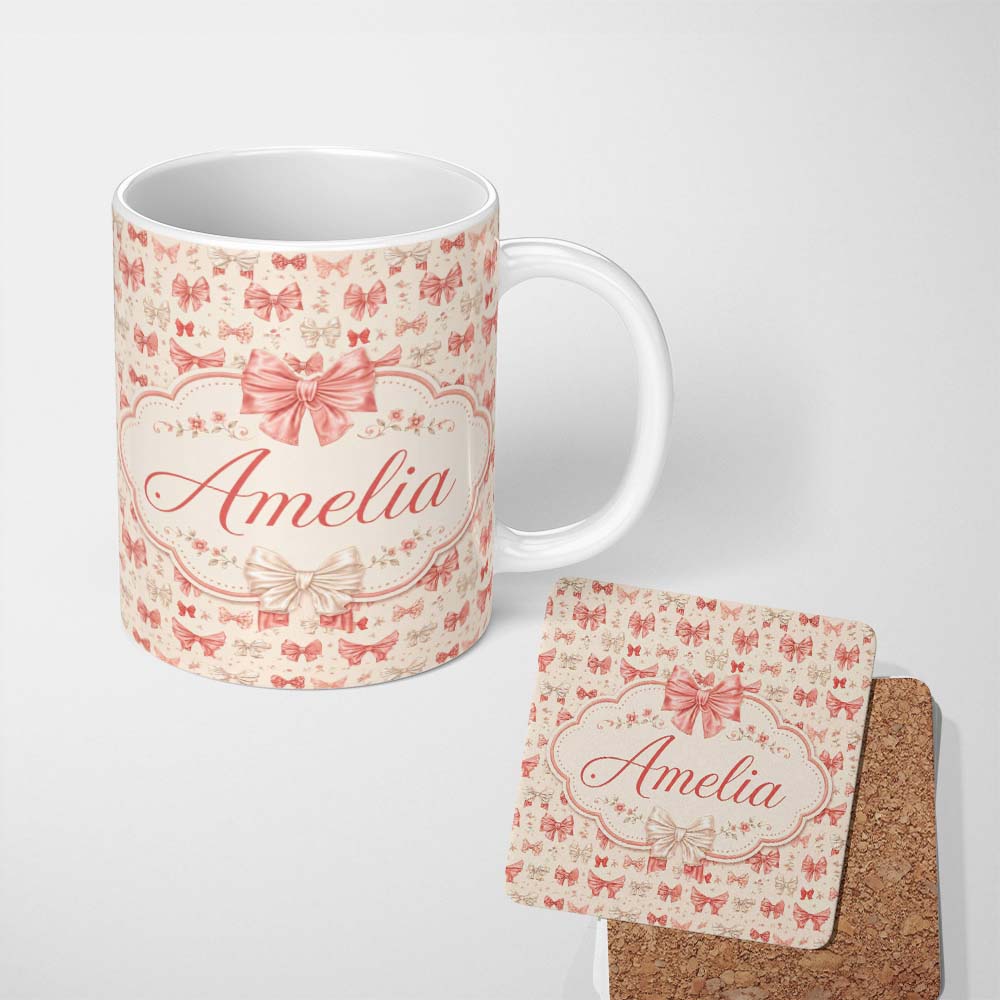 Personalized Custom Name Soft Romantic Bow Pattern in Pink and Cream with Floral Details 11oz Ceramic Coffee Tea Mug White Large Handle