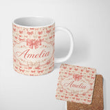 Personalized Custom Name Soft Romantic Bow Pattern in Pink and Cream with Floral Details 11oz Ceramic Coffee Tea Mug White Large Handle