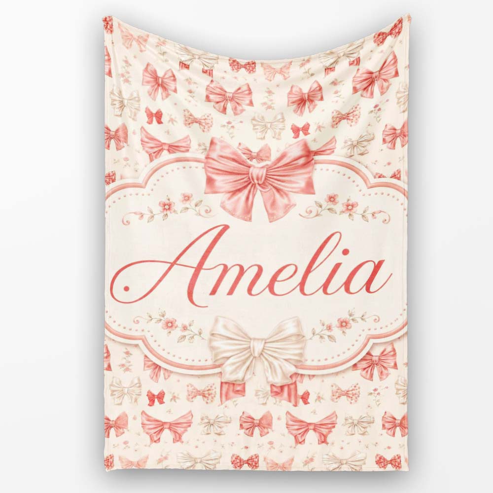 Soft Romantic Bow Pattern in Pink and Cream with Floral Details  Personalised Custom Name Super Soft Fleece Blanket Bed Sofa Throw