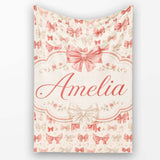 Soft Romantic Bow Pattern in Pink and Cream with Floral Details  Personalised Custom Name Super Soft Fleece Blanket Bed Sofa Throw