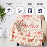 Soft Romantic Bow Pattern in Pink and Cream with Floral Details  Personalised Custom Name Super Soft Fleece Blanket Bed Sofa Throw
