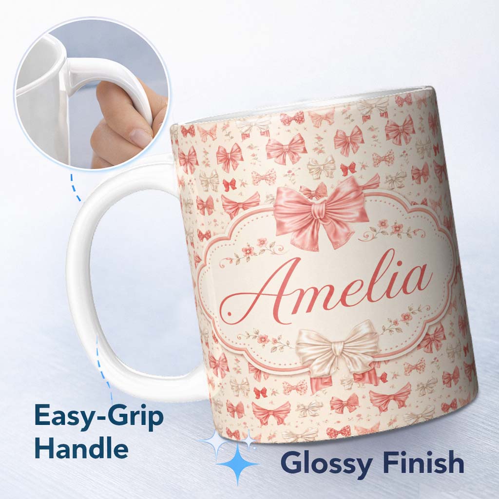 Personalized Custom Name Soft Romantic Bow Pattern in Pink and Cream with Floral Details 11oz Ceramic Coffee Tea Mug White Large Handle