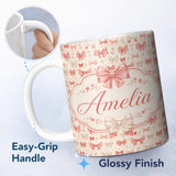 Personalized Custom Name Soft Romantic Bow Pattern in Pink and Cream with Floral Details 11oz Ceramic Coffee Tea Mug White Large Handle