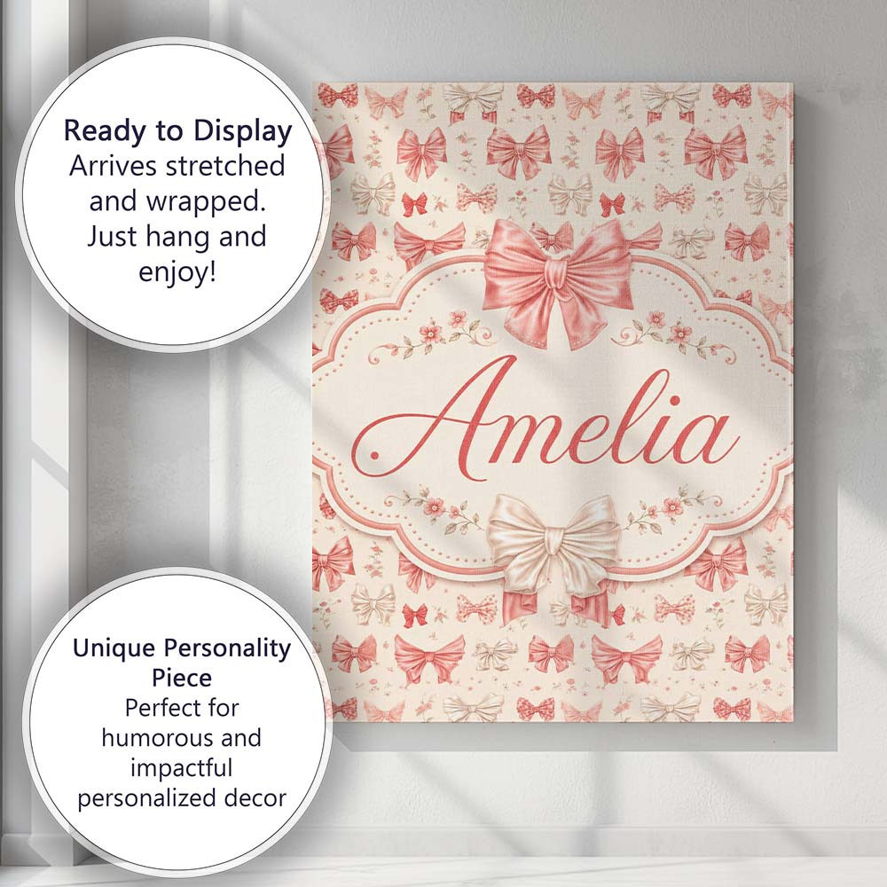 Personalised Name Soft Romantic Bow Pattern Custom  Bespoke Interior Contemporary Canvas Wall Art Print Decor Picture Ready to Hang