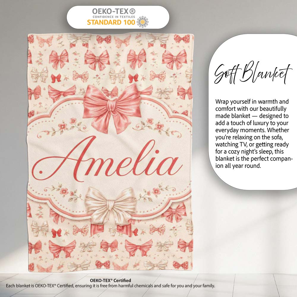 Soft Romantic Bow Pattern in Pink and Cream with Floral Details  Personalised Custom Name Super Soft Fleece Blanket Bed Sofa Throw