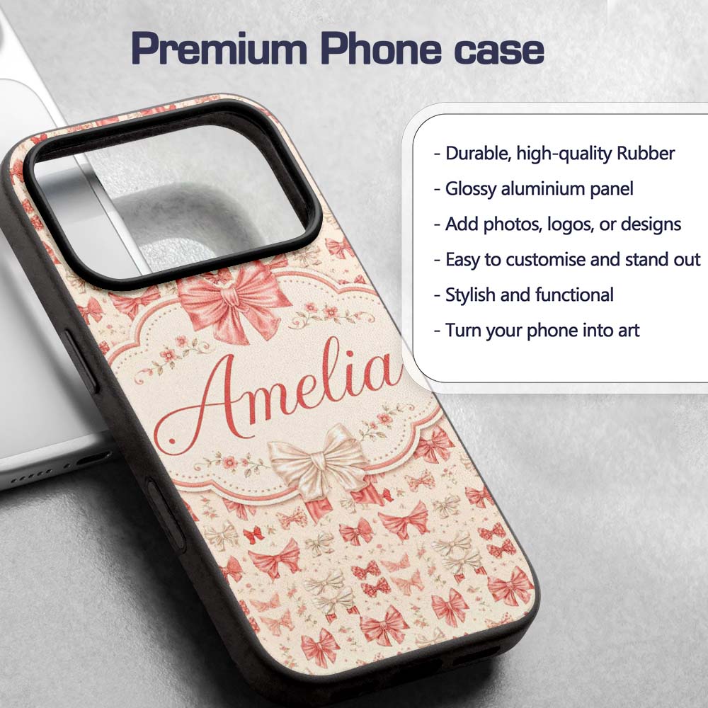 Soft Romantic Bow Pattern in Pink and Cream with Custom Name Protective Phone Case Mobile Cover Durable Everyday Smartphone Shock Resistant