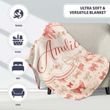 Soft Romantic Bow Pattern in Pink and Cream with Floral Details  Personalised Custom Name Super Soft Fleece Blanket Bed Sofa Throw