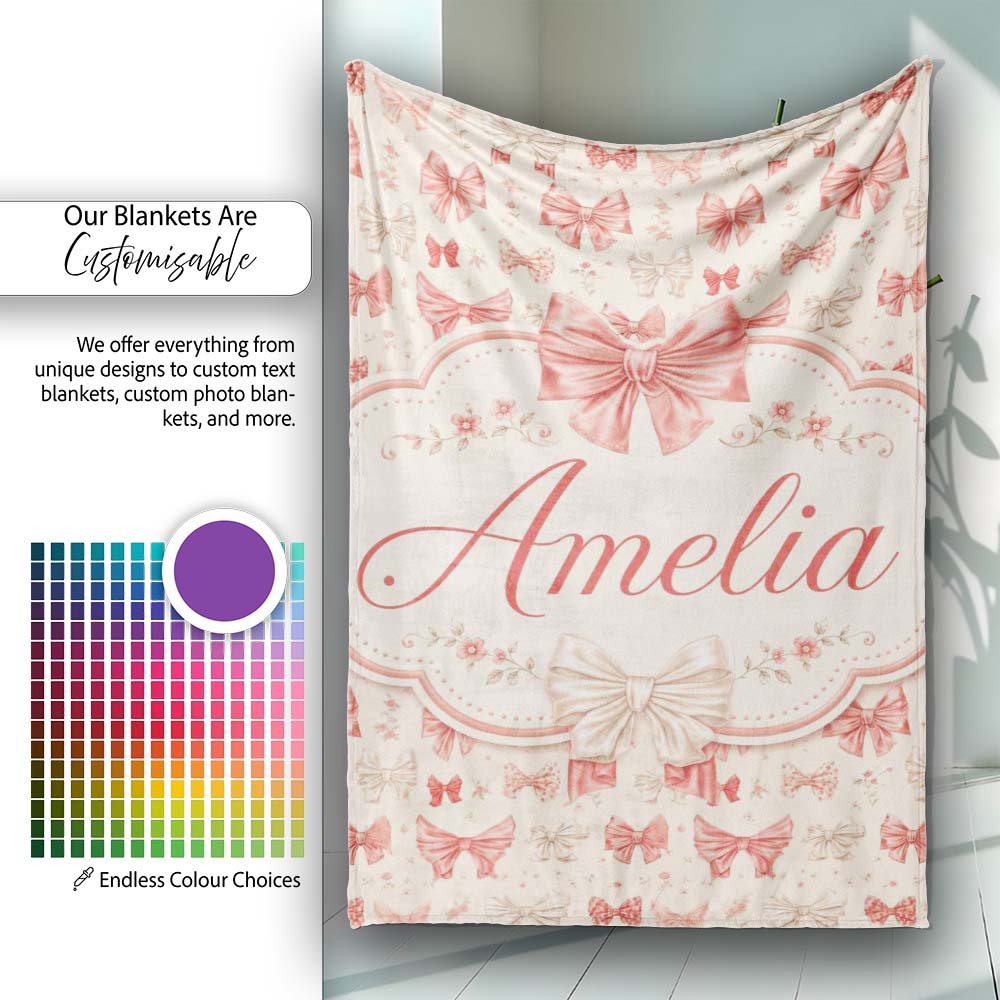 Soft Romantic Bow Pattern in Pink and Cream with Floral Details  Personalised Custom Name Super Soft Fleece Blanket Bed Sofa Throw