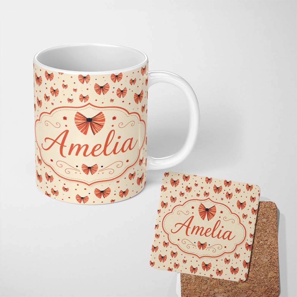 Personalized Custom Name Cute Heart Shaped Bow Pattern in Coral and Black Seamless Design 11oz Ceramic Coffee Tea Mug White Large Handle