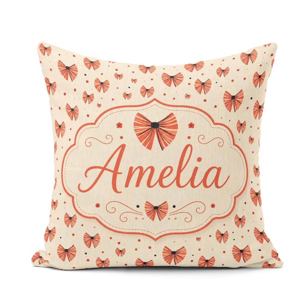 Custom Name Heart Shaped Bow Pattern in Coral and Black Seamless Square Filled Cushion Throw Pillow Sofa Bed Home Decor Zip Washable UK Made