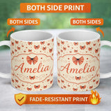 Personalized Custom Name Cute Heart Shaped Bow Pattern in Coral and Black Seamless Design 11oz Ceramic Coffee Tea Mug White Large Handle