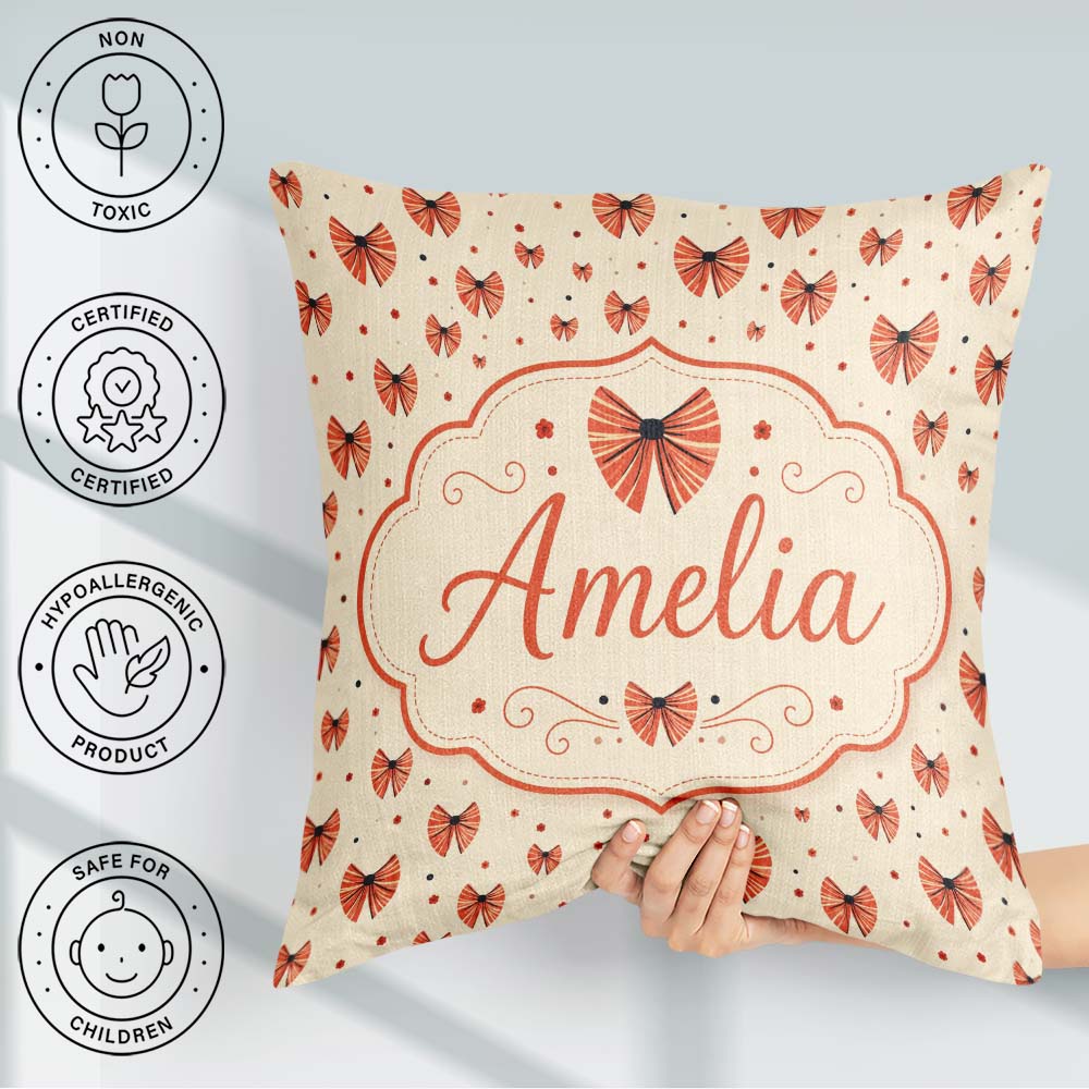 Custom Name Heart Shaped Bow Pattern in Coral and Black Seamless Square Filled Cushion Throw Pillow Sofa Bed Home Decor Zip Washable UK Made