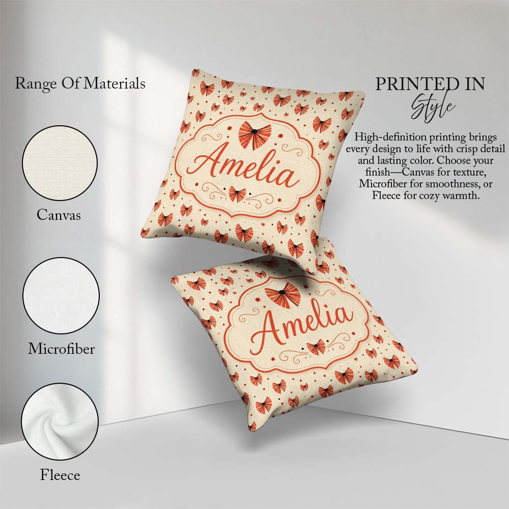 Custom Name Heart Shaped Bow Pattern in Coral and Black Seamless Square Filled Cushion Throw Pillow Sofa Bed Home Decor Zip Washable UK Made