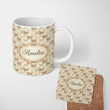 Personalized Custom Name Neutral Beige Elegant Bow Pattern with Soft Shadows Seamless Design 11oz Ceramic Coffee Tea Mug White Large Handle