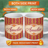 Personalized Custom Name Warm Tribal Geometric Pattern in Red Gold and Orange Seamless 11oz Ceramic Coffee Tea Mug White Large Handle