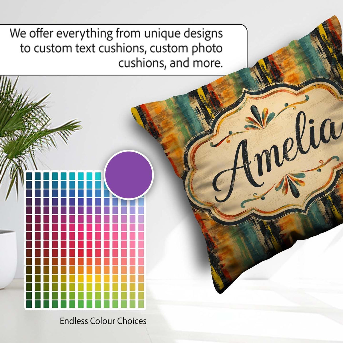 Custom Name Abstract Brush Stroke Pattern in Orange and Seamless Square Filled Cushion Throw Pillow Sofa Bed Home Decor Zip Washable UK Made