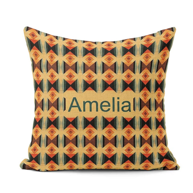 Custom Name Geometric Diamond in Orange Brown and Green Seamless Square Filled Cushion Throw Pillow Sofa Bed Home Decor Zip Washable UK Made