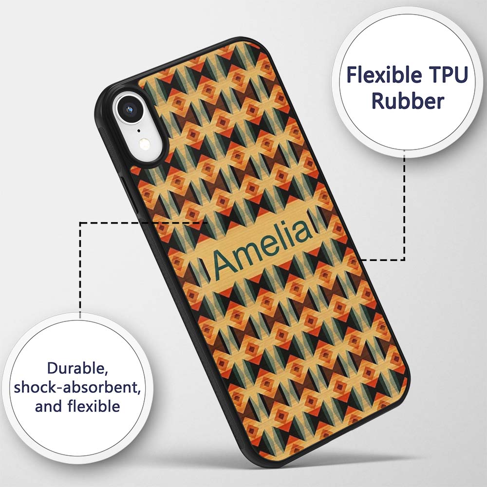 Geometric Diamond Pattern in Orange Brown and Custom Name Protective Phone Case Mobile Cover Durable Everyday Smartphone Shock Resistant