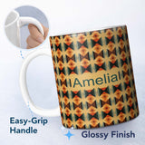 Personalized Custom Name Geometric Diamond Pattern in Orange Brown and Green Seamless Design 11oz Ceramic Coffee Tea Mug White Large Handle