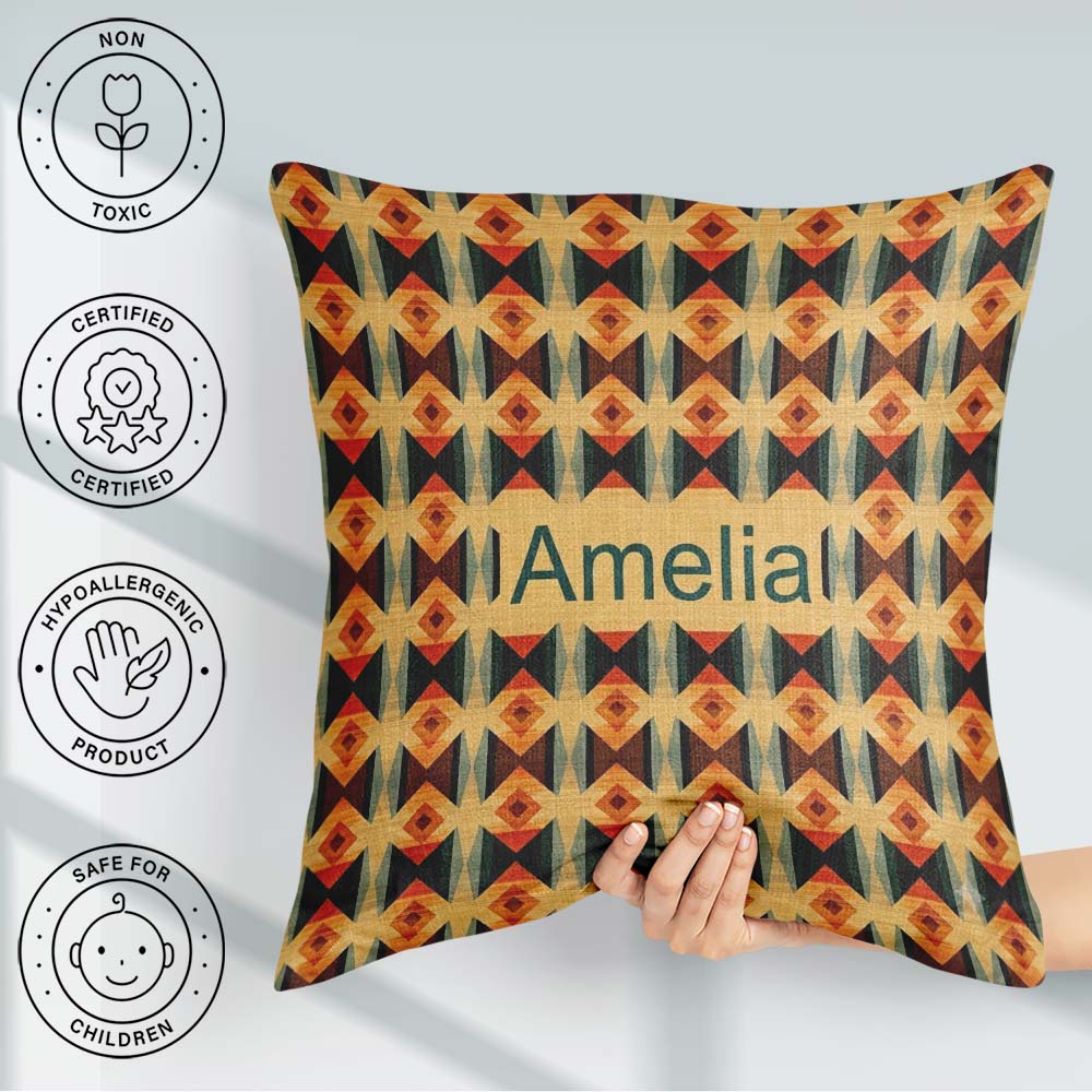 Custom Name Geometric Diamond in Orange Brown and Green Seamless Square Filled Cushion Throw Pillow Sofa Bed Home Decor Zip Washable UK Made