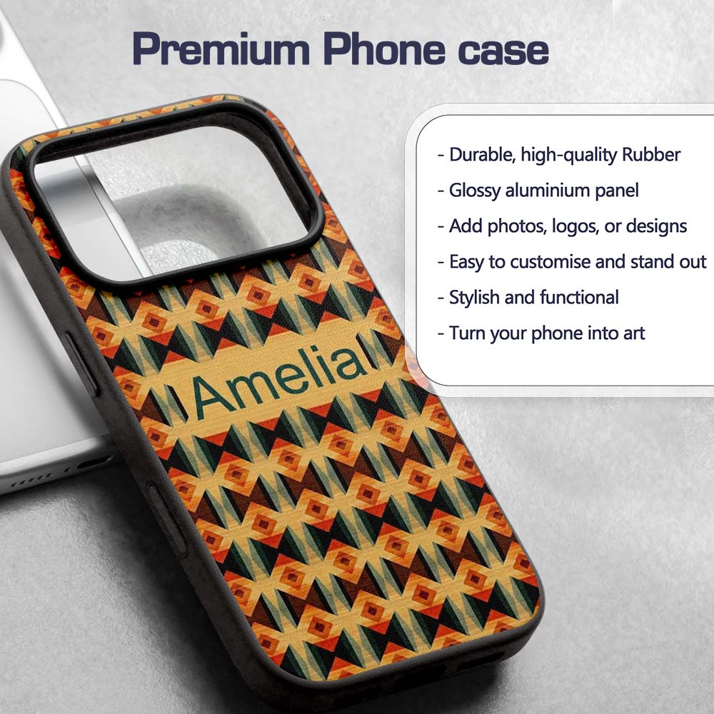 Geometric Diamond Pattern in Orange Brown and Custom Name Protective Phone Case Mobile Cover Durable Everyday Smartphone Shock Resistant