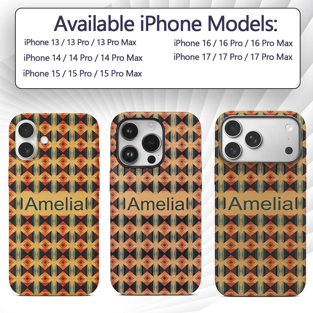 Geometric Diamond Pattern in Orange Brown and Custom Name Protective Phone Case Mobile Cover Durable Everyday Smartphone Shock Resistant