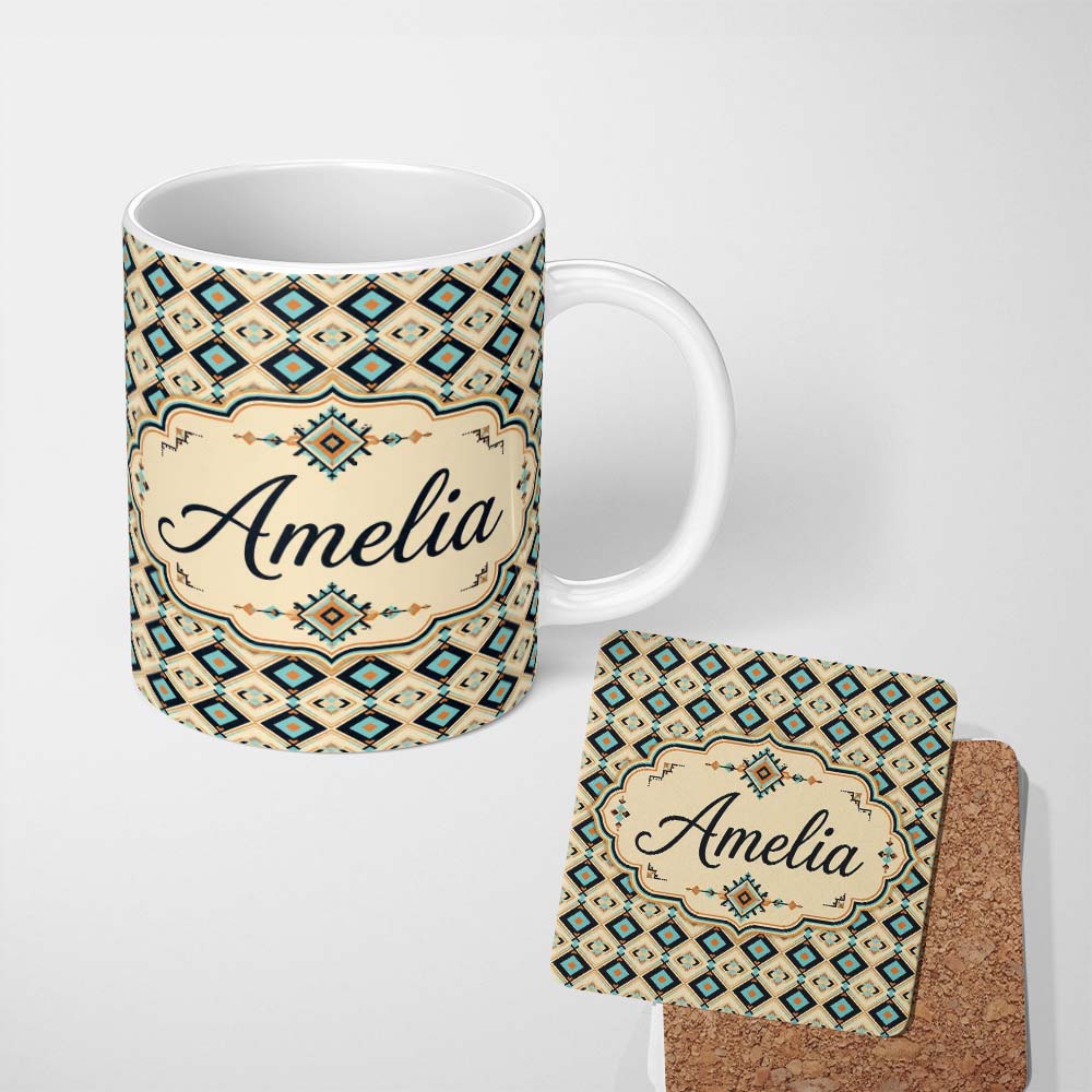 Personalized Custom Name Mid Century Diamond Pattern in Blue Beige and Black Seamless Design 11oz Ceramic Coffee Tea Mug White Large Handle