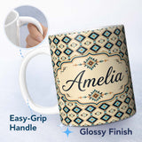 Personalized Custom Name Mid Century Diamond Pattern in Blue Beige and Black Seamless Design 11oz Ceramic Coffee Tea Mug White Large Handle