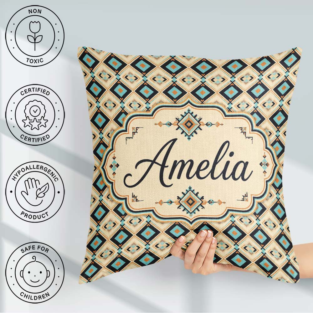 Custom Name Mid Century Diamond in Blue Beige and Black Seamless Square Filled Cushion Throw Pillow Sofa Bed Home Decor Zip Washable UK Made