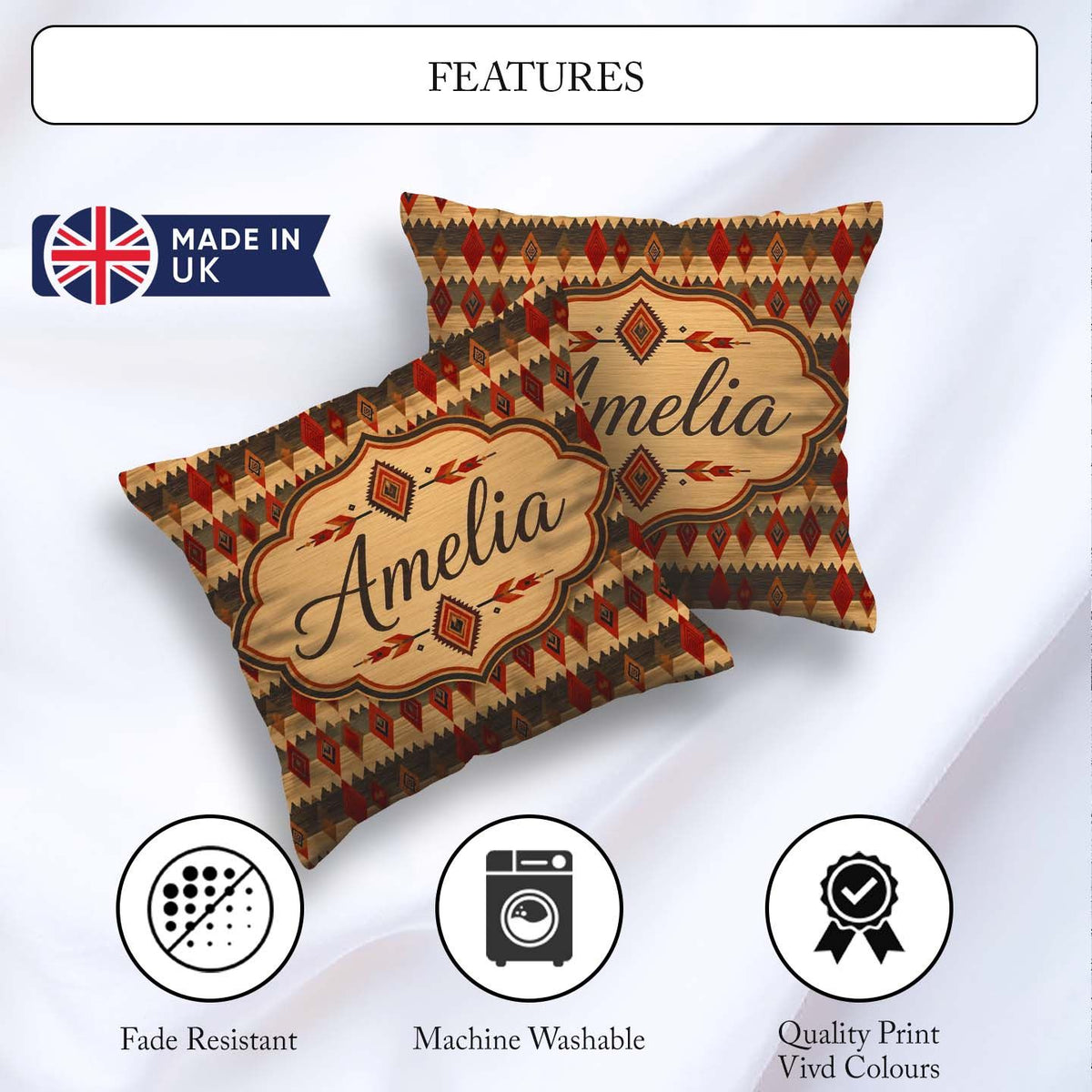 Custom Name Rustic Tribal Diamond Pattern in Red Earthy Seamless Square Filled Cushion Throw Pillow Sofa Bed Home Decor Zip Washable UK Made