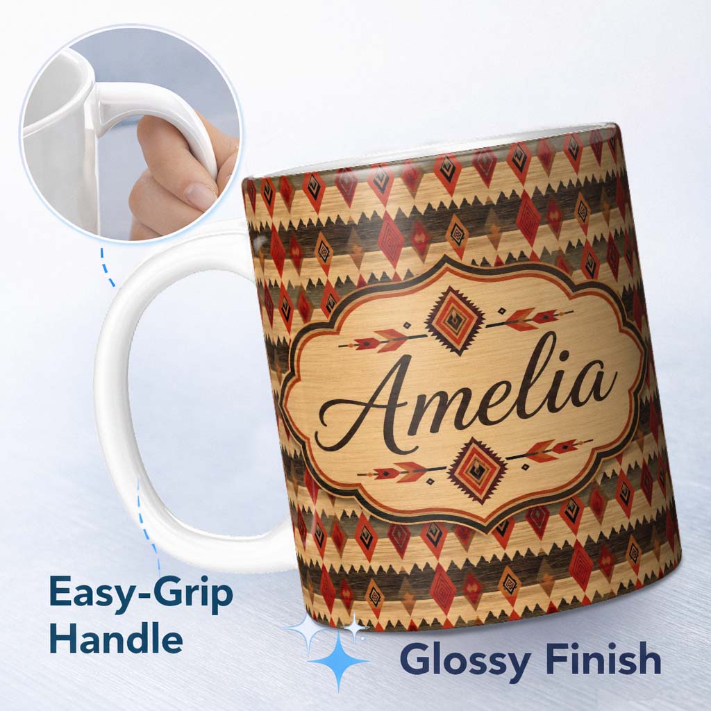Personalized Custom Name Rustic Tribal Diamond Pattern in Red and Earthy Tones Seamless 11oz Ceramic Coffee Tea Mug White Large Handle