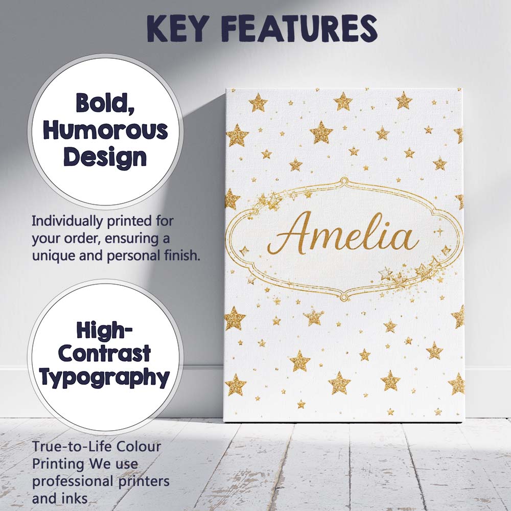 Personalised Name Gold Glitter Stars on White Seamless Pattern Custom Modern Room Accent Canvas Wall Art Print Decor Picture Ready to Hang
