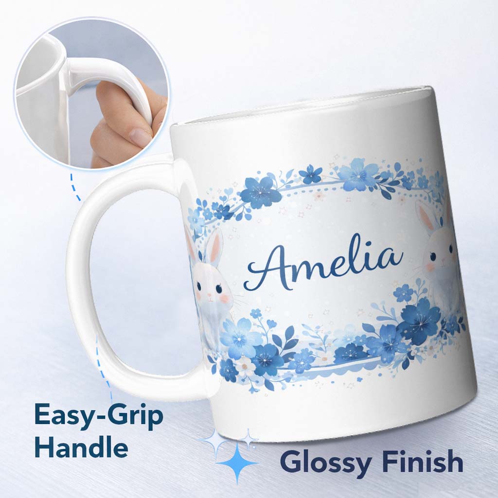 Personalized Custom Name Cute Blue Floral Bunny Illustration Seamless Pattern Lovely 11oz Ceramic Coffee Tea Mug White Large Handle