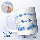 Personalized Custom Name Cute Blue Floral Bunny Illustration Seamless Pattern Lovely 11oz Ceramic Coffee Tea Mug White Large Handle
